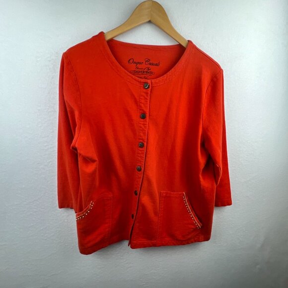 Onque Casuals Womens Orange Button Up Sweater Size XL Long Sleeve Beaded Pockets - Picture 2 of 15